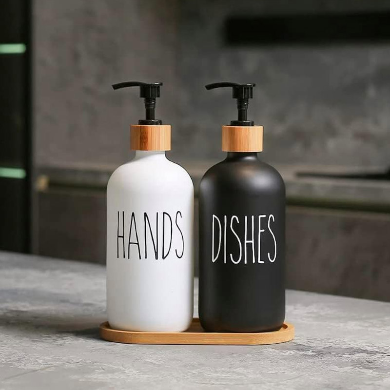 Glass Hand & Dish Soap Dispenser Set With Wooden Base